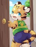  2019 4_fingers absurd_res anthro black_fur black_markings blue_eyes bottomwear bulge cheek_tuft clothed clothing cloud cub day detailed_background door doorway felid fingers footwear fully_clothed fur fur_markings furgonomics head_tuft hi_res inner_ear_fluff kemono looking_at_viewer looking_back male mammal markings multicolored_fur norphen open_mouth orange_fur pantherine pink_nose pink_tongue shirt shoes shorts sky sleeveless slightly_chubby solo stripes teeth tiger tongue topwear tree tuft white_fur young 