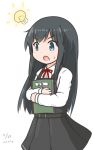  1girl artist_name asashio_(kantai_collection) belt black_hair blue_eyes book cowboy_shot curse_(023) dated dress kantai_collection light_bulb long_hair long_sleeves neck_ribbon open_mouth pinafore_dress red_ribbon remodel_(kantai_collection) ribbon shirt simple_background solo white_background white_shirt 