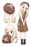  1girl bag bangs blonde_hair blue_eyes boots brown_dress buchi_(y0u0ri_) closed_mouth commentary_request dress hair_ornament hat highres holding holding_hat long_hair long_sleeves looking_at_viewer multiple_views original simple_background smile standing white_background 