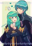  1boy 1girl armor black_cape blue_eyes blue_hair bow byleth_(fire_emblem) byleth_(fire_emblem)_(male) cape closed_mouth fire_emblem fire_emblem:_three_houses flayn_(fire_emblem) green_eyes green_hair hair_ornament highres hug hug_from_behind kiriya_(552260) long_hair long_sleeves open_mouth short_hair twitter_username uniform 