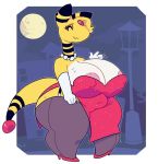  2019 4_fingers ampharos anthro areola armwear belly big_breasts biped blush bodily_fluids breasts cleavage clothed clothing cloud digital_media_(artwork) dress ear_piercing elbow_gloves eyelashes eyeshadow female fingers footwear garter_strip gesture gloves hair handwear high_heels huge_breasts jewelry legwear long_neck looking_away makeup mammal meirdent moon necklace night nintendo nipple_outline nipple_slip outside overweight overweight_female piercing pok&eacute;mon pok&eacute;mon_(species) pok&eacute;morph shoes sky slightly_chubby smile solo standing stockings street sweat thick_thighs video_games voluptuous waving wide_hips 