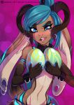  anthro blue_hair brown_fur buckteeth collar ear_piercing egg female fur furgonomics furry-specific_piercing hair helixel hi_res horn horn_piercing jackalope lagomorph long_ears mammal open_mouth piercing solo tan_fur teeth tongue wrist_cuff 