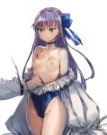 1boy 1girl black_choker blue_eyes blue_ribbon blue_swimsuit blush bow_(bhp) breasts breasts_outside casual_one-piece_swimsuit choker closed_mouth collarbone cowboy_shot fate/grand_order fate_(series) frilled_swimsuit frills fujimaru_ritsuka_(male) groin hair_ribbon highleg highleg_swimsuit long_hair long_sleeves meltryllis meltryllis_(swimsuit_lancer)_(fate) motion_blur nipples one-piece_swimsuit out_of_frame puffy_long_sleeves puffy_sleeves pulled_by_another purple_hair ribbon simple_background sleeves_past_fingers sleeves_past_wrists small_breasts smile solo_focus swimsuit swimsuit_pull thighs topless very_long_hair white_background 