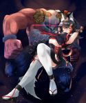  1girl animal_ear_fluff animal_ears armpits arms_up beak bell black_hair black_sleeves clenched_hands closed_mouth detached_sleeves full_body glowing glowing_eyes hair_ornament hairclip hatotaur highres hololive horns jojo_no_kimyou_na_bouken long_hair midriff monster multicolored_hair muscle night night_sky ookami_mio parody red_eyes sandals sankyo_illust sky stand_(jojo) star_(sky) tail thighhighs two-tone_hair virtual_youtuber white_legwear wolf_ears wolf_girl wolf_tail yellow_eyes 