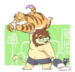  2019 anthro belly bottomwear butt cleaning clothing cute_fangs domestic_cat felid feline felis feral group humanoid_hands hupi1008 lion male mammal navel overweight overweight_male pantherine phone pink_nose shorts tiger 