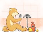  2015 4_toes anthro balls blush canid canine canis casual_nudity child cub domestic_dog flaccid fur hi_res humanoid_penis jeck male mammal nipples nude penis rubber_duck shower shower_head shower_hose sitting solo tan_fur toes tongue tongue_out uncut young 