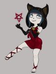  2019 anthro armwear blue_hair cartoon_hangover claire_(the_summoning) clothed clothing cub digital_media_(artwork) domestic_cat dress elbow_gloves fangs felid feline felis female footwear fur gloves grey_background hair handwear hi_res mammal pentagram simple_background solo stupidgnoll the_summoning white_fur young 