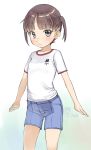  1girl :o artist_name bangs blue_shorts blush breasts brown_eyes brown_hair collarbone dated eyebrows_visible_through_hair highres looking_at_viewer original parted_lips shirt short_shorts short_sleeves short_twintails shorts signature small_breasts solo twintails white_shirt yone_kinji 