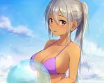  ball bikini breasts cleavage clouds cropped dark_skin gray_hair long_hair original ponytail purple_eyes sakusaku sky swimsuit underboob waifu2x 