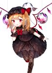  1girl :p alternate_costume bangs black_blouse black_headwear black_legwear blonde_hair blouse brooch collared_blouse commentary_request curled_fingers eyebrows_visible_through_hair eyelashes flandre_scarlet floral_print flower foot_out_of_frame frilled_cuffs frilled_skirt frills garter_straps gem hair_ribbon hand_up hat jewelry lace lace_legwear layered_skirt leaning_forward leg_up looking_at_viewer medium_skirt mob_cap neck_ribbon open_hand orb red_eyes red_footwear red_nails red_neckwear red_ribbon ribbon sakipsakip see-through_sleeves short_sleeves side_ponytail sidelocks skirt solo standing standing_on_one_leg string thighhighs tongue tongue_out touhou white_background wings wrist_cuffs zettai_ryouiki 