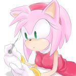  1:1 accessory amy_rose anthro breasts clothing dress eulipotyphlan eyelashes female fur green_eyes headband hedgehog makeup mammal mascara mirror pink_fur red_clothing red_dress simple_background solo sonic_(series) white_background なし 