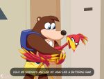  avian backpack banjo-kazooie banjo_(banjo-kazooie) beak blue_eyes brown_fur door duo eyelashes feathers female fur green_eyes kazooie male mammal rareware red_feathers skeletonguys-and-ragdolls speech_bubble ursid video_games 