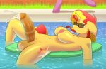  2019 absurd_res animal_genitalia animal_penis balls bodily_fluids breasts cum cutie_mark digital_media_(artwork) duo equestria_girls equid equine_penis eyewear genital_fluids gynomorph hi_res horn intersex lying mammal my_little_pony on_back outside penis solo_focus sunglasses sunset_shimmer_(eg) unicorn vein water youwannaslap 