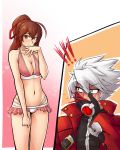  1boy 1girl ahoge antenna_hair blazblue blood blush breasts celica_a_mercury embarrassed hair_ribbon highres looking_away nosebleed ragna_the_bloodedge red_eyes ribbon shy swimsuit white_hair 