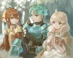  1boy 2girls alm_(fire_emblem) armor blonde_hair bow braid brown_eyes brown_hair circlet closed_mouth delthea_(fire_emblem) faye_(fire_emblem) fire_emblem fire_emblem_echoes:_shadows_of_valentia green_eyes green_hair hair_bow hukashin long_hair multiple_girls ponytail red_bow short_hair sitting smile twin_braids wreath 