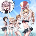  absurdres ahoge ball beachball bikini bikini_skirt bikini_top black_bikini black_hair blonde_hair braid brown_eyes brown_hair check_translation hair_flaps hair_ornament hair_over_shoulder hair_ribbon hairband hairclip harusame_(kantai_collection) highres kantai_collection light_brown_hair long_hair marker_(medium) multiple_girls murasame_(kantai_collection) navel ribbon rinwest scarf shigure_(kantai_collection) shiratsuyu_(kantai_collection) short_hair single_braid swimsuit traditional_media translation_request twintails yuudachi_(kantai_collection) 