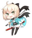  1girl 2017 :d ahoge artist_name bangs black_bow black_scarf blonde_hair blush bow chibi dated eyebrows_visible_through_hair eyes_visible_through_hair fate/grand_order fate_(series) full_body hair_bow haori holding holding_sword holding_weapon japanese_clothes katana kimono long_sleeves looking_at_viewer misoradeko obi okita_souji_(fate) okita_souji_(fate)_(all) open_mouth sash scarf sheath shinsengumi short_hair short_kimono simple_background smile solo sword thighhighs weapon white_background white_kimono wide_sleeves yellow_eyes zettai_ryouiki 