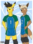  abstract_background anthro anthrofied bottomwear clothed clothing comic duo eevee fully_clothed fuze hi_res knee_pads male nintendo pikachu pok&eacute;mon pok&eacute;mon_(species) shirt shorts sport sportswear t-shirt topwear video_games volleyball 