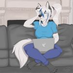  1:1 blue_eyes blue_highlights bottomwear canid canine canis clothing computer crossed_legs female fireplace fur hair hair_highlights hi_res jeans kida_howlette laptop long_hair mammal miss_rain pants ponytail sitting sofa solo spaced_out stress tee_shirt white_fur white_hair wolf working 