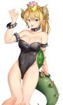  1girl absurdres bare_shoulders black_collar black_leotard blonde_hair blue_eyes bowsette bracelet breasts cleavage collar commentary_request crown earrings fingernails highres horns jewelry large_breasts leotard long_hair looking_at_viewer mario_(series) new_super_mario_bros._u_deluxe pointy_ears ponytail sharp_fingernails sharp_teeth sog-igeobughae solo spiked_armlet spiked_bracelet spiked_collar spiked_shell spiked_tail spikes strapless strapless_leotard super_crown tail teeth turtle_shell 