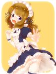  1girl apron blue_eyes brown_hair commentary_request frilled_apron frills hair_ribbon highres idolmaster idolmaster_million_live! looking_at_viewer looking_back maid maid_apron maid_day maid_headdress medium_hair open_mouth pachi_orca panties puffy_short_sleeves puffy_sleeves ribbon short_sleeves solo suou_momoko thigh_strap thighhighs underwear white_apron white_legwear white_panties wrist_cuffs yellow_background 