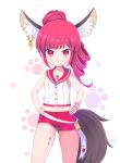  1girl animal_ear_fluff animal_ears blade_&amp;_soul commission curly_hair fox_ears fox_tail hands_on_hips jewelry long_hair lyn_(blade_&amp;_soul) midriff navel ponytail red_eyes red_hair red_shorts shirt short_shorts shorts single_earring sleeveless sleeveless_shirt smile solo tail thighs vils white_shirt 