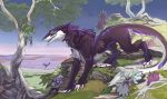  ambiguous_gender blue_eyes claws countershading detailed_background digitigrade feral fur grass hi_res markings mountain open_mouth outside purple_fur raesheris sergal smile solo toe_claws tree vaos walking 