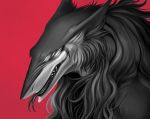  ambiguous_gender anthro black_lips forked_tongue fur grey_eyes grey_fur headshot_portrait hi_res lips looking_at_viewer portrait raesheris rain_silves red_background sergal sharp_teeth simple_background slit_pupils solo teeth tongue tongue_out 