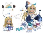  1girl :d blonde_hair blue_eyes blush chibi choker cropped_legs dark_skin dot_nose drum egg evolution food highres horn ice_cream ice_cream_cone ice_cream_cone_on_head idolmaster idolmaster_cinderella_girls instrument layla_(idolmaster) no_nose open_mouth pointy_ears smile spawnfoxy straight_hair tail thigh_strap wand white_background 