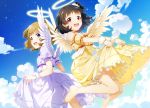  2girls angel_wings bangs bare_shoulders barefoot black_hair blue_eyes blue_sky blunt_bangs brown_hair choker cloud commentary_request dress dutch_angle frilled_dress frilled_skirt frills hair_ornament hair_scrunchie halo highres idolmaster idolmaster_million_live! mikapoe multiple_girls nakatani_iku open_mouth puffy_short_sleeves puffy_sleeves red_eyes scrunchie short_hair short_sleeves side_ponytail skirt sky suou_momoko white_dress wings wrist_cuffs yellow_dress 