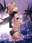  1girl ahoge black_bow black_gloves black_panties black_scarf blonde_hair bow breasts english_commentary eyebrows_visible_through_hair fate/grand_order fate_(series) gloves hair_between_eyes hair_bow highres looking_at_viewer okita_souji_(fate)_(all) okita_souji_(swimsuit_assassin)_(fate) panties scarf short_hair signature simple_background single_glove smile solo thighhighs twitter_username underwear white_background yae_art0v0 yellow_eyes 