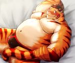  2018 anthro belly blush bulge clothing felid humanoid_hands lying male mammal moobs navel nullraihigi overweight overweight_male pantherine pink_nose solo tiger underwear 