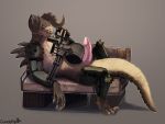  2019 4:3 anthro armor bed bethesda_softworks big_penis box brown_scales claws countershade_face countershade_tail countershade_torso countershading crate deathclaw english_text erection exposed fallout gatling_gun glans grey_background gun gundypip hi_res holding_gun holding_object holding_weapon horn looking_at_viewer lying machine_gun male mattress minigun monster mostly_nude nubbed_penis on_back on_bed orange_eyes penis pink_penis ranged_weapon reclining reptile scales scalie scowl seductive shaded sharp_claws sharp_teeth signature simple_background slit_pupils solo spiked_armor spiked_tail spikes tan_countershading tan_scales teeth text video_games weapon yellow_eyes 