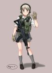  1girl absurdres aki_(girls_und_panzer) ammunition_pouch assault_rifle brown_footwear bulletproof_vest commentary emblem english_commentary full_body girls_und_panzer gloves green_eyes green_gloves grey_background grey_legwear grey_skirt gun headphones highres keizoku_(emblem) light_brown_hair load_bearing_vest loafers magazine_(weapon) millimeter miniskirt pleated_skirt pouch rifle scope shirt shoes short_hair short_sleeves short_twintails simple_background skirt socks solo twintails weapon white_shirt 