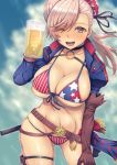  1girl alcohol american_flag_bikini arinotowatari asymmetrical_hair bangs beer beer_mug between_legs bikini blue_eyes blue_sky blush breasts brown_gloves bun_cover cleavage cloud collarbone commentary_request cup day elbow_gloves eyebrows_visible_through_hair facing_viewer fate/grand_order fate_(series) fingerless_gloves flag_print gloves hair_bun hand_between_legs holding holding_cup large_breasts long_hair looking_at_viewer miyamoto_musashi_(fate/grand_order) miyamoto_musashi_(swimsuit_berserker)_(fate) multi-strapped_bikini one_eye_closed outdoors pink_hair shrug_(clothing) skindentation sky smile solo swept_bangs swimsuit thigh_strap 