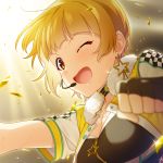  1girl bangs blonde_hair blunt_bangs blurry_foreground breasts brown_eyes commentary_request confetti earrings fingerless_gloves fukuda_noriko gloves idolmaster idolmaster_million_live! jewelry looking_at_viewer medium_breasts microphone mikapoe one_eye_closed open_mouth short_hair short_sleeves solo sweat 