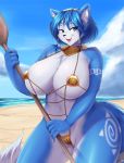  2019 anthro areola beach big_breasts blue_fur blue_hair breasts canid canine chest_tuft clothed clothing cloud digital_media_(artwork) fangs female fox fur green_eyes hair hi_res holding_object holding_weapon krystal looking_at_viewer mammal markings melee_weapon mleonheart nintendo open_mouth outside seaside short_hair sky solo staff star_fox tribal_markings tuft video_games weapon white_fur 