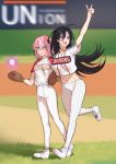  2girls :d ahoge arm_up ball bangs baseball baseball_mitt black_bow black_hair blue_eyes blurry blurry_background blush bow breasts closers collarbone commentary_request copyright_name crop_top day depth_of_field dress_shirt eyebrows_visible_through_hair fang floating_hair flying_sweatdrops grass hair_between_eyes hair_bow hair_ornament hairclip highres holding holding_ball ia_(ias1010) long_hair medium_breasts midriff multiple_girls navel one_side_up open_mouth outdoors pants seulbi_lee shirt shoes short_sleeves small_breasts smile sneakers standing standing_on_one_leg striped sweat v vertical-striped_pants vertical_stripes very_long_hair white_footwear white_pants white_shirt yuri_seo 