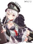  1girl absurdres bangs black_choker black_headwear blush boots breasts choker cleavage dated eyebrows_visible_through_hair fur_trim girls_frontline gun hair_between_eyes hat highres iron_cross kar98k_(girls_frontline) long_hair looking_at_viewer peaked_cap red_eyes simple_background sog-igeobughae solo thigh_boots thighhighs very_long_hair weapon white_background white_hair 