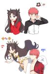  1boy 1girl abs absurdres anklet appleale19 armlet armor asymmetrical_legwear asymmetrical_sleeves bangs black_hair black_ribbon blue_eyes bridal_gauntlets cape crown detached_collar earrings elbow_gloves emiya_shirou fate/grand_order fate/stay_night fate_(series) floating gameplay_mechanics gloves hair_ribbon highres hoop_earrings igote ishtar_(fate/grand_order) japanese_clothes jewelry limited/zero_over long_hair neck_ring orange_hair parted_bangs pelvic_curtain raglan_sleeves red_eyes ribbon single_elbow_glove single_thighhigh sweater thighhighs tiara toosaka_rin two_side_up weapon yellow_eyes 