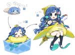  1girl :d :x ^_^ anchor_earrings anchor_hat_ornament asari_nanami bangs blue_eyes blue_hair blue_nails blush clam_shell closed_eyes crying dot_nose evolution fish flippers floating hat head_fins highres idolmaster idolmaster_cinderella_girls in_water innertube long_hair mermaid mini_hat monster_girl name_tag one-piece_swimsuit open_mouth school_swimsuit shell_hair_ornament smile spawnfoxy starfish_earrings strapless strapless_swimsuit swimsuit trembling upper_teeth wavy_hair 
