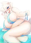  &lt;3 &lt;3_eyes 2019 5_fingers absurd_res anthro big_breasts bikini blue_eyes blush breasts butt canid canine clothing female fingers fur ginko0101 hair hair_over_eye hi_res kemono looking_at_viewer lying mammal nipple_outline on_side open_mouth partially_submerged simple_background solo swimwear tongue tongue_out water white_background white_fur 