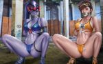  2girls alexanderdinh arms_behind_back bikini black_hair blurry blurry_background blush breasts brown_eyes brown_hair choker collarbone facing_viewer gag goggles goggles_on_head graffiti head_mounted_display high_heels improvised_gag large_breasts long_hair looking_at_viewer multiple_girls navel overwatch patreon_username ponytail purple_skin short_hair spread_legs squatting swimsuit tankini tape tape_gag thigh_strap tracer_(overwatch) watermark web_address widowmaker_(overwatch) yellow_eyes 