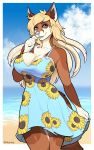  anthro beach breasts canid canine clothed clothing cloud female fur hair hi_res looking_at_viewer mammal open_mouth outside porin seaside smile solo standing 
