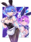  2girls absurdres adapted_costume animal_ears apron black_legwear black_leotard blue_eyes blue_hair blue_ribbon bow bowtie bunny_ears bunny_girl bunny_tail bunnysuit collar cowboy_shot detached_collar fishnet_pantyhose fishnets frilled_collar frills hair_ornament hair_over_one_eye hair_ribbon highres leotard looking_at_viewer maid_headdress multiple_girls pantyhose pink_hair pink_ribbon ram_(re:zero) re:zero_kara_hajimeru_isekai_seikatsu red_eyes red_ribbon rem_(re:zero) ribbon short_hair siblings solo_focus strapless strapless_leotard tail twins waist_apron white_apron white_background wrist_cuffs x_hair_ornament yunodon_(sugar_maple) 