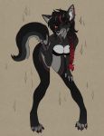  anthro breasts canid canine clothed clothing female hair looking_at_viewer mammal one_eye_closed solo standing tongue tongue_out va_art 