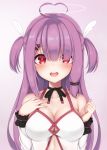  1girl :d ahoge bangs bare_shoulders blush breasts center_opening choker cleavage collarbone commentary_request detached_sleeves hair_ornament halo hand_on_own_chest hands_up heart heart-shaped_pupils heart_ahoge large_breasts long_hair long_sleeves looking_at_viewer open_mouth purple_background purple_hair red_eyes revealing_clothes ribbon_choker shirt smile solo symbol-shaped_pupils tianping_hu two_side_up upper_body virtual_youtuber white_shirt yumeno_shiori yumeno_shiori_channel 