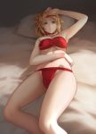  1girl bangs bare_arms bare_shoulders blonde_hair bra breasts check_commentary commentary_request fate/grand_order fate_(series) frown gan-viking green_eyes highres long_hair looking_at_viewer lying medium_breasts mordred_(fate) mordred_(fate)_(all) navel on_back panties parted_bangs red_bra red_panties sleeveless solo underwear 
