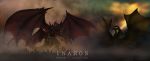  absurdres bat_wings claws destoroyah dragon dragon_horns dragon_wings duel electricity fangs fighting glowing glowing_eyes godzilla:_king_of_the_monsters godzilla_(2014) godzilla_(series) head_wings highres horn horns inaros131 kaijuu king_ghidorah king_ghidorah_(godzilla:_king_of_the_monsters) large_wings mini_wings monster multiple_heads multiple_wings no_humans red_wings scales size_comparison size_difference tail wings 