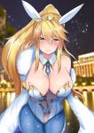  1girl abi_(abimel10) ahoge animal_ears armpits artoria_pendragon_(all) artoria_pendragon_(lancer) bangs bare_shoulders blonde_hair blue_legwear blue_neckwear blurry blurry_background blush braid breasts bunny_ears bunnysuit cityscape closed_mouth commentary_request crown detached_collar eyebrows_visible_through_hair fate/grand_order fate_(series) fishnet_pantyhose fishnets french_braid fur_scarf gradient green_eyes hair_between_eyes highres large_breasts leotard long_hair looking_at_viewer navel_cutout necktie night pantyhose ponytail sidelocks solo swept_bangs thighs tiara white_leotard 